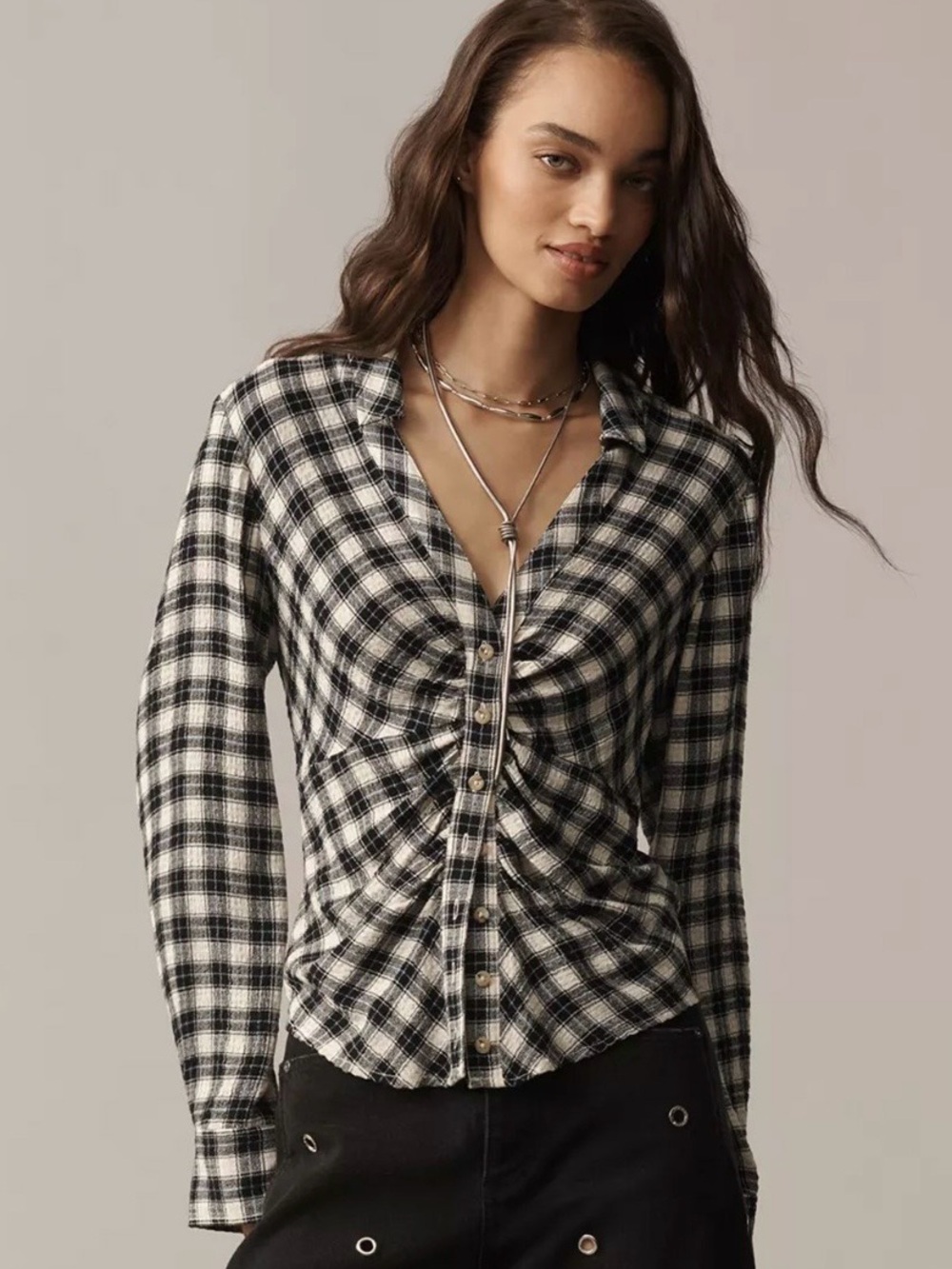 Anthropologie Pilcro Keaton Ruched Shirt Plaid